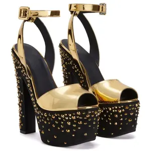 "Tarifa" Jewel Black & Gold Platform Sandals Inspired By Giuseppe Zanotti