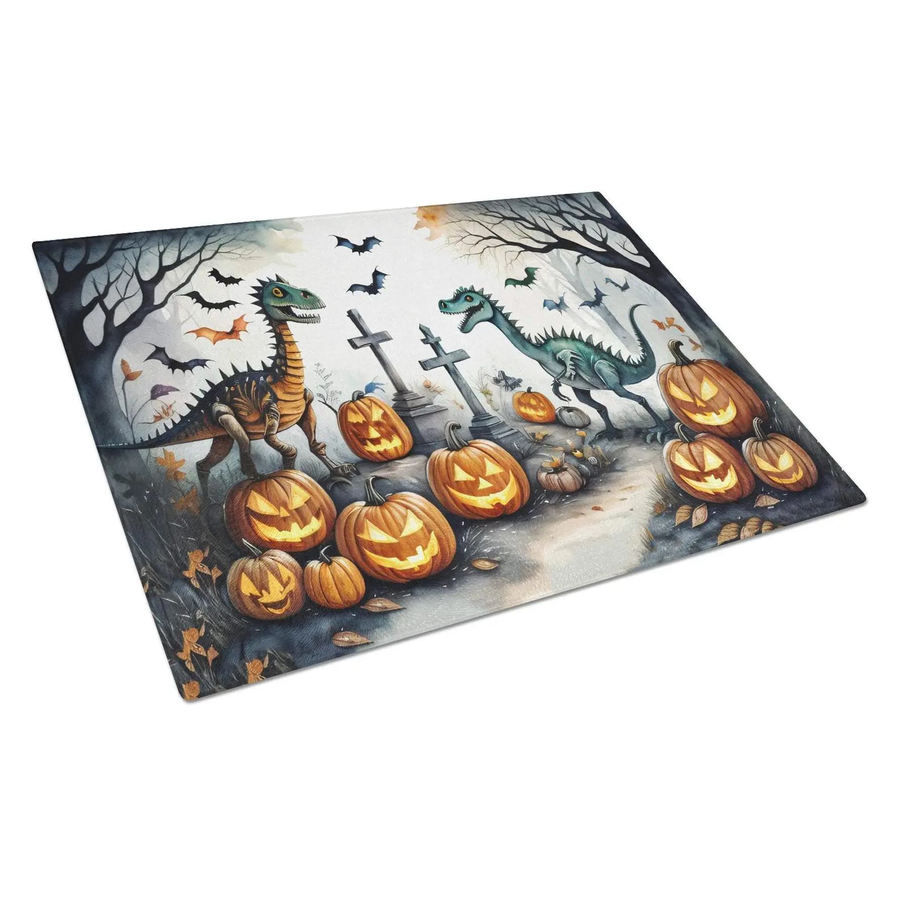 Large Size Tempered Glass Chopping & Cutting Board, Vibrant Dinosaurs-Themed Spooky Halloween Kitchen Essential with Holiday Decor Appeal