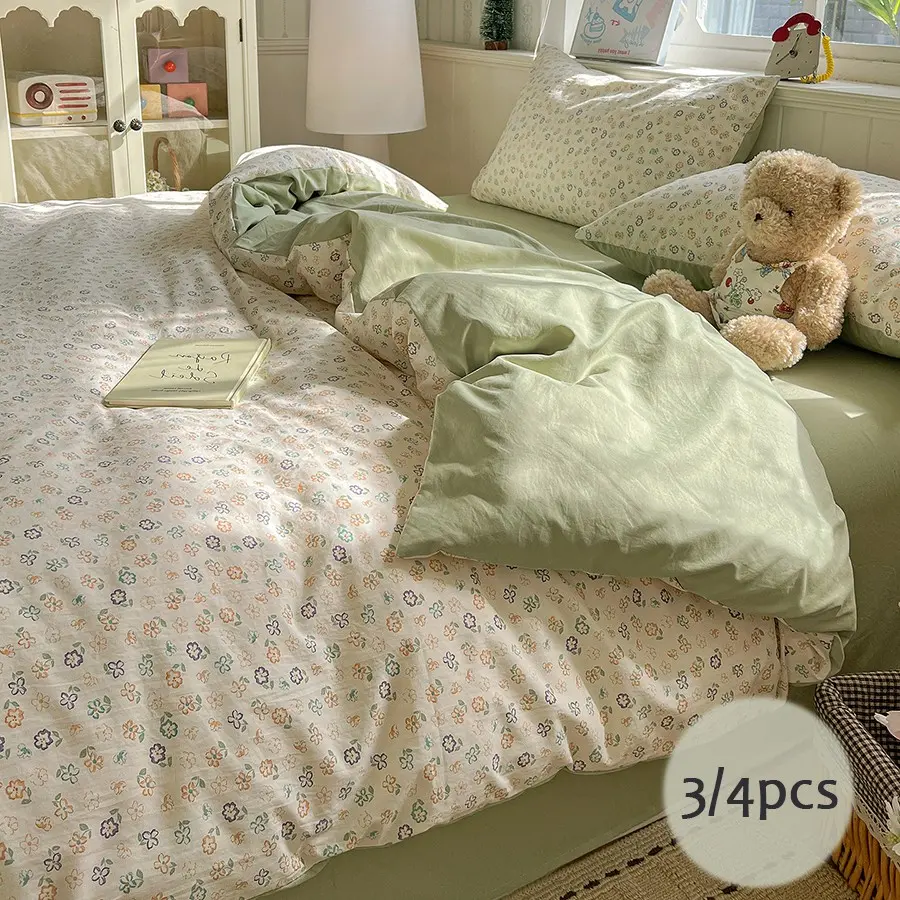 3/4-Piece Duvet Cover Set (Duvet Cover*1 + Flat Sheet*1 + Pillowcase*1/2), Rustic Floral Bedding Set, Light Beige Base with Multicolored Floral Pattern, Soft and Comfortable Duvet Cover