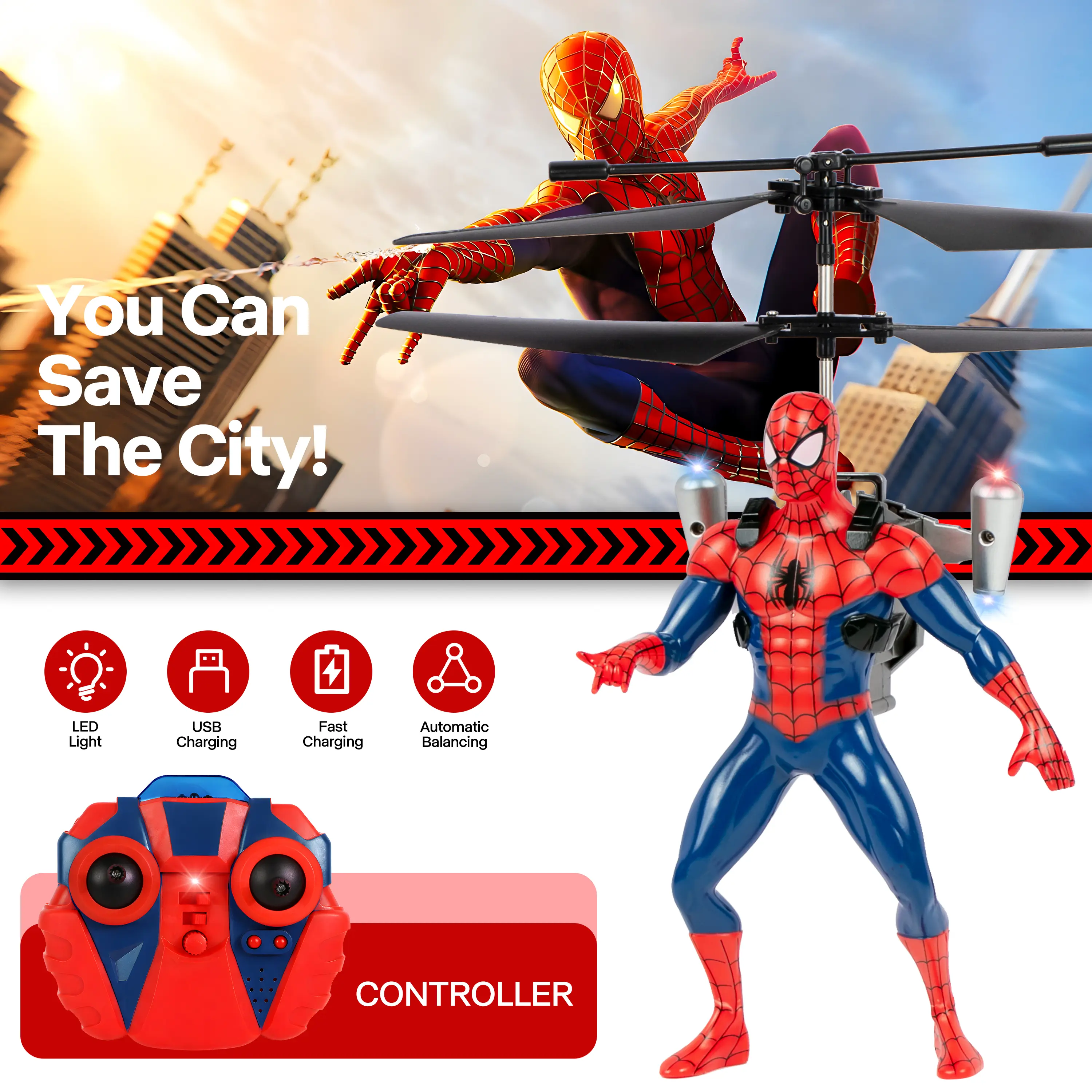 MARVEL Officially Licensed Avengers IR RC Helicopter 2CH - Spider-Man Edition with LED Lights & Gyro Stabilization for Kids Ages 6+ Remote Control Airplane