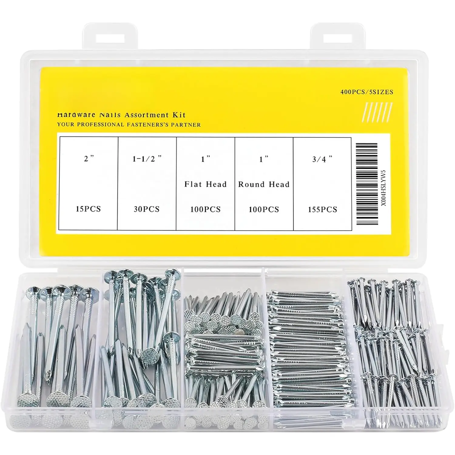 400 count Nails for Hanging Pictures Hanging Nails for Wall Art Heavy Duty up to 2" Long, 5 Sizes Wall Nails for Hanging Small Nails  Nails Finish Nails Flat  Nails with Storage box