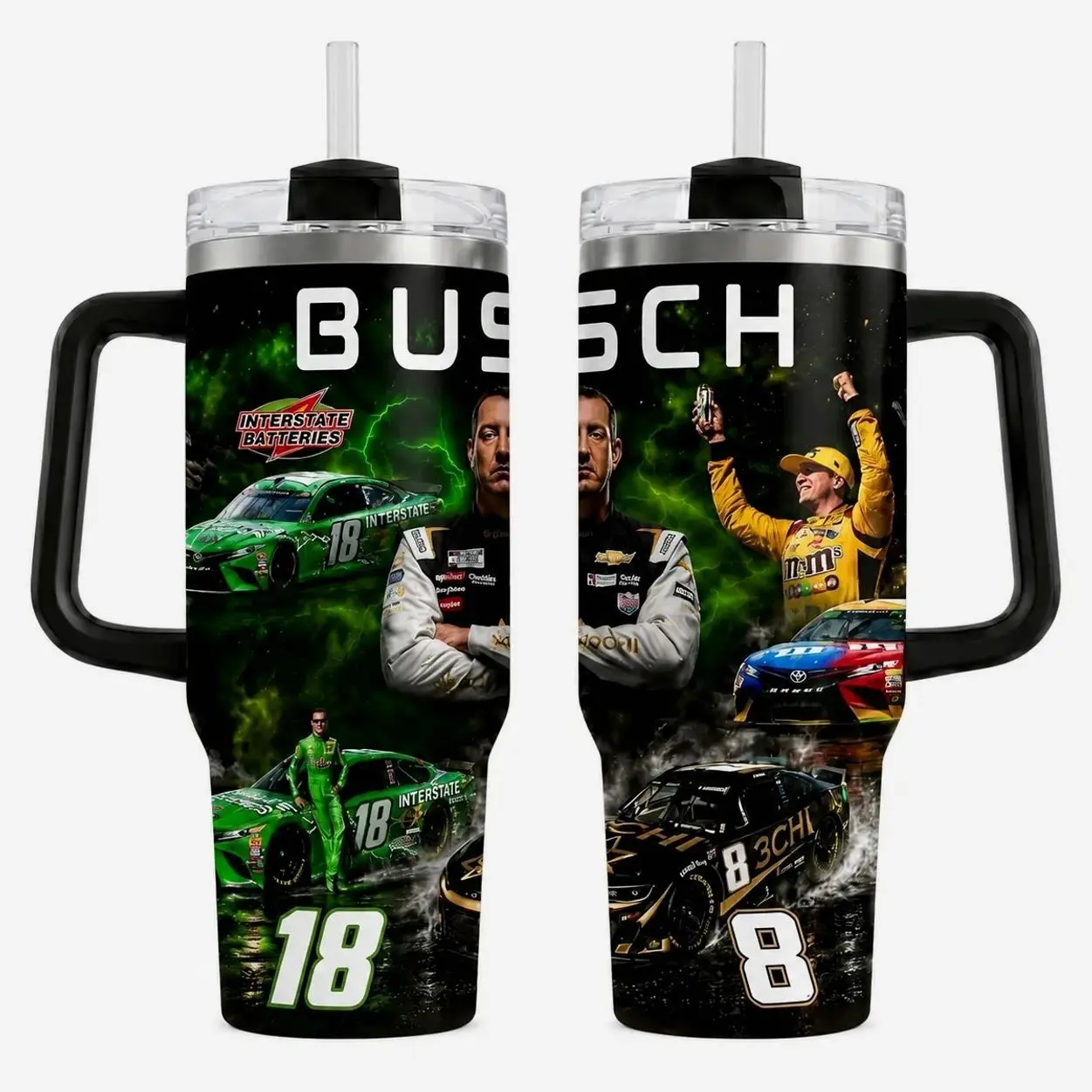 Stylish Kyle Busch Inspired 18 Number Tumbler, 30oz-40oz Interstate Batteries Style Stock Car Drinkware, Race Day Gift For Dad (Straw Not Included) Black Flasks