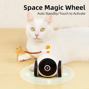 Interactive Cat Toy for Indoor Cats, Automatic Rolling Cat Toy Car with LED Light & Replaceable Feather, Motion Sensor Activation, USB Rechargeable Large Battery