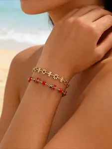 2-Piece Daisy & Red Bead Bracelet Set for Women, Stackable Gold Tone Enamel Floral & Cherry Bead Adjustable Bracelets, Sweet Summer Casual Everyday Accessories