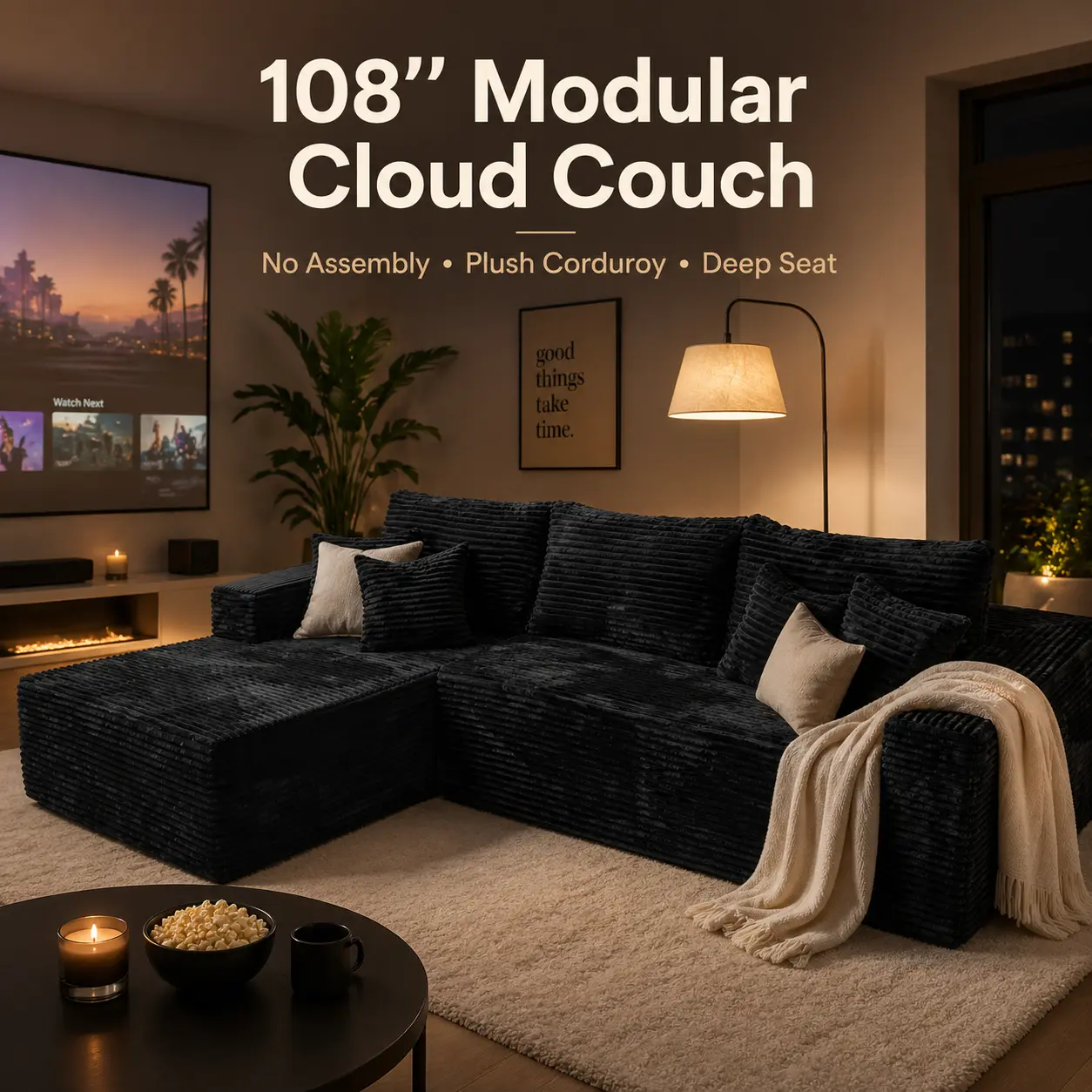 POUUIN 108-in Boneless Sectional Couch, Modern Plush Corduroy Weave Modular L-Shaped Sofa with Chaise & Fixed Arms, No-Assembly Memory Foam Couch for Living Room, Apartment, Boneless Couch