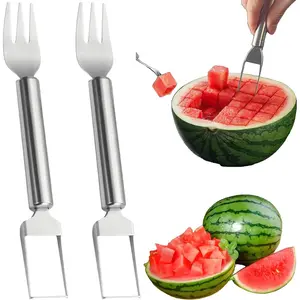 2-in-1 Watermelon Fork Slicer  - 2 count Stainless Steel Watermelon Slicer Tool, Portable Fruit  for Camping, Picnics & Home Use