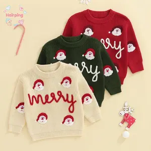 Toddler Baby Christmas Sweater, Letter Santa Embroidery Long Sleeves Crew Neck Knit Pullover, Casual Baby Girls Pullover