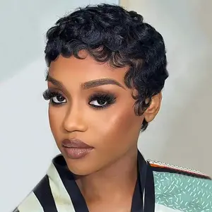 Short Pixie Wigs for Black Women Short Black Curly Pixie Wigs Synthetic Hair Wigs for Black Women Natural Wavy Black Pixie Cut Wig Short Curly Layered Pixie Wig for Women