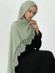 Fashionable Long Lace Edge Women's Scarf For Muslim Hijab Outdoor Breathable Headscarf Shawl, Casual All over Print Accessory, Birthday Gift