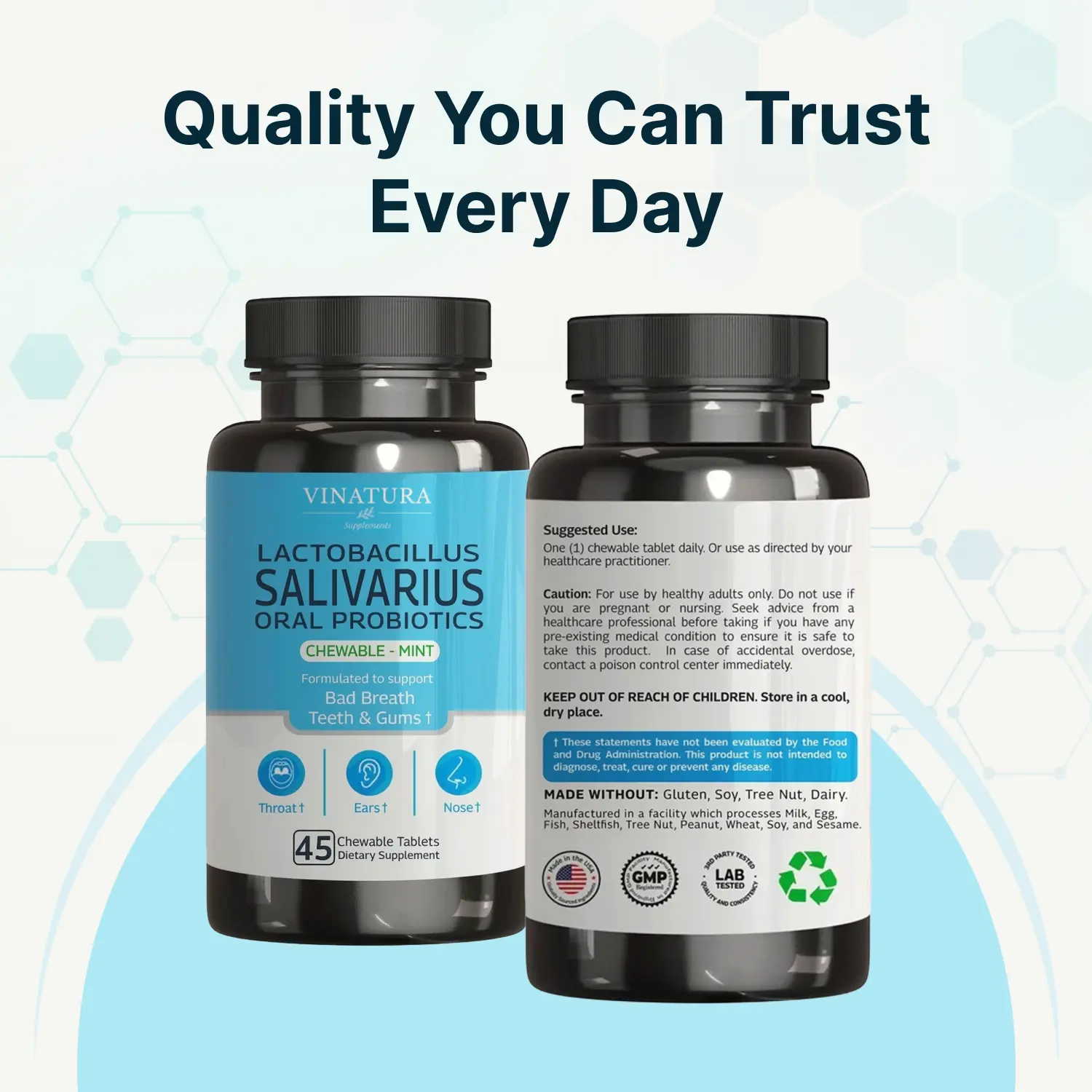 VINATURA Lactobacillus Salivarius Oral Probiotics - Mouth Bad Breath Treatment for Adults, Dental Probiotics for Teeth & Gums - 45 Edible Chewable Tablets Supplement Healthcare