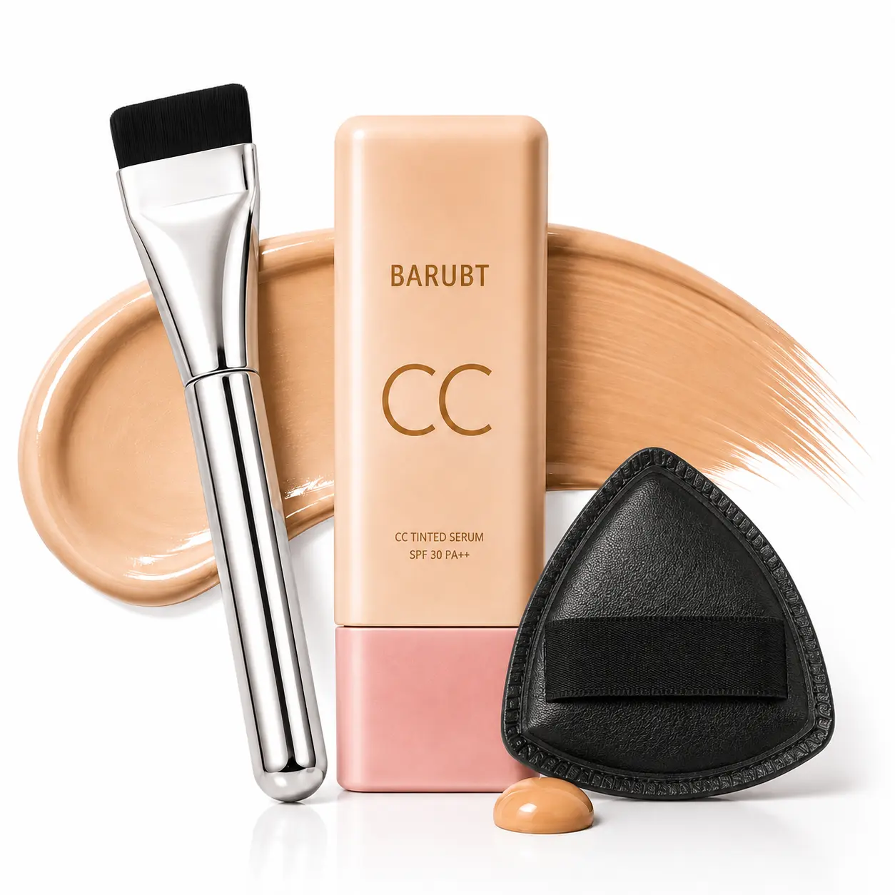 BARUBT CC Tinted Serum Foundation Set with Flat Foundation Brush & 3-Layer Puff, Lightweight Hydrating Face Base, Smooth Easy Blend, Natural-Looking Finish, Light & Medium Shades