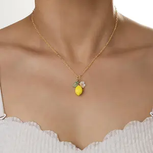 LATS Cute Yellow Fruit Lemon Little Flower Green Leaf Pendant Necklace for Women Fashion Earrings Jewelry
