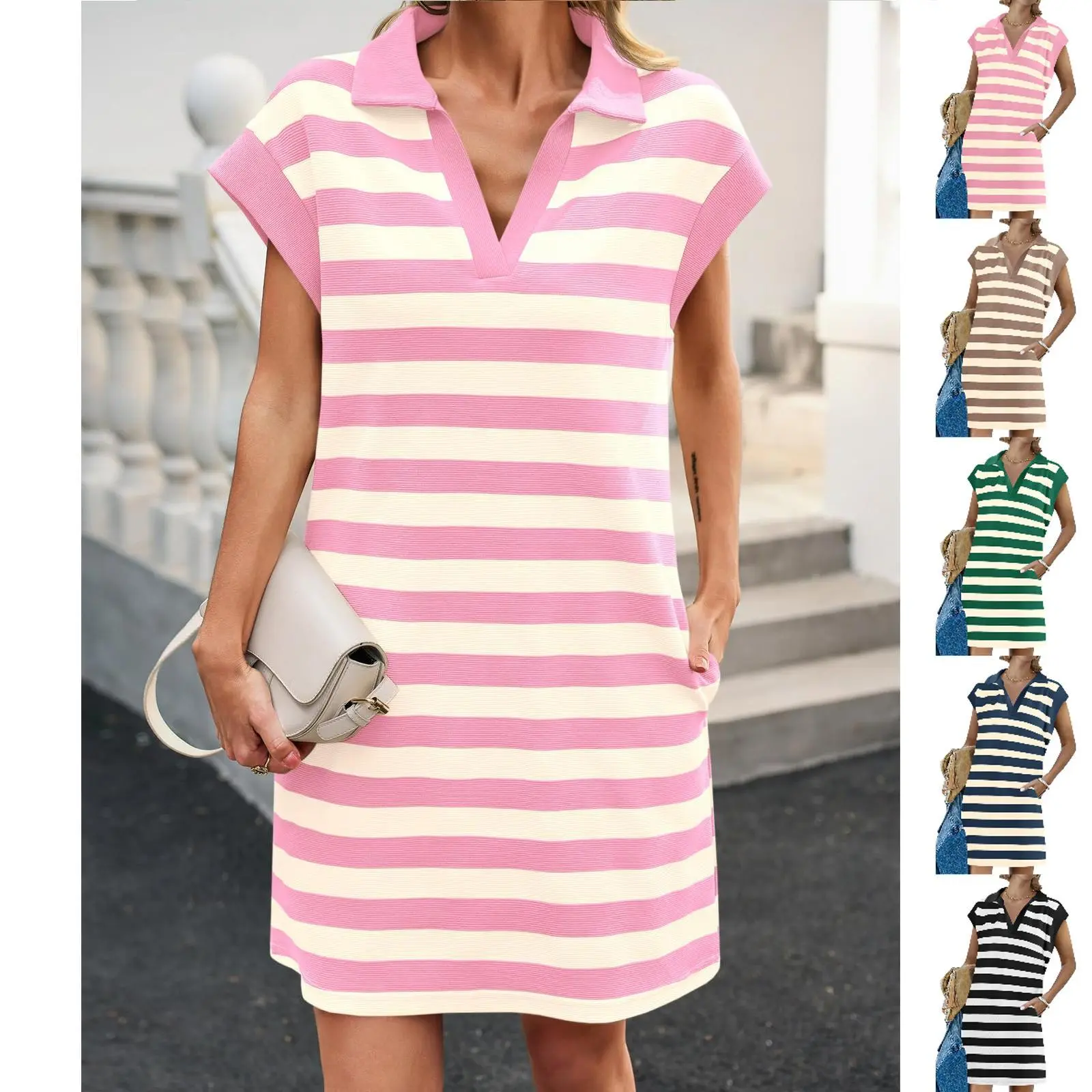 Danedvi Women's Stylish Striped V-Neck Cap Sleeve Knitting Polo Shirt Dress - Slim Fit, Colorful Pocketed Daily Summer Wear, Ideal for Women's Clothes, Trending Clothes, Knitting & Stripe Casual Dresses