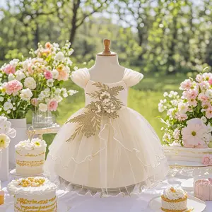 Elegant jacquard satin girl fluffy skirt with unique sleeve design suitable for birthday parties and flower girls charming cute summer outfits