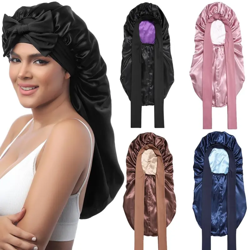 AWAYTR Women's Adjustable Satin Bonnet - Reversible Long Silk-Feel Double Layer Fabric Haircare Fashion Accessory, Hand Wash Only Sleep Cap for Adults' Long Curly Hair, Smoothing Moisturizing Tangle-Free Breathable