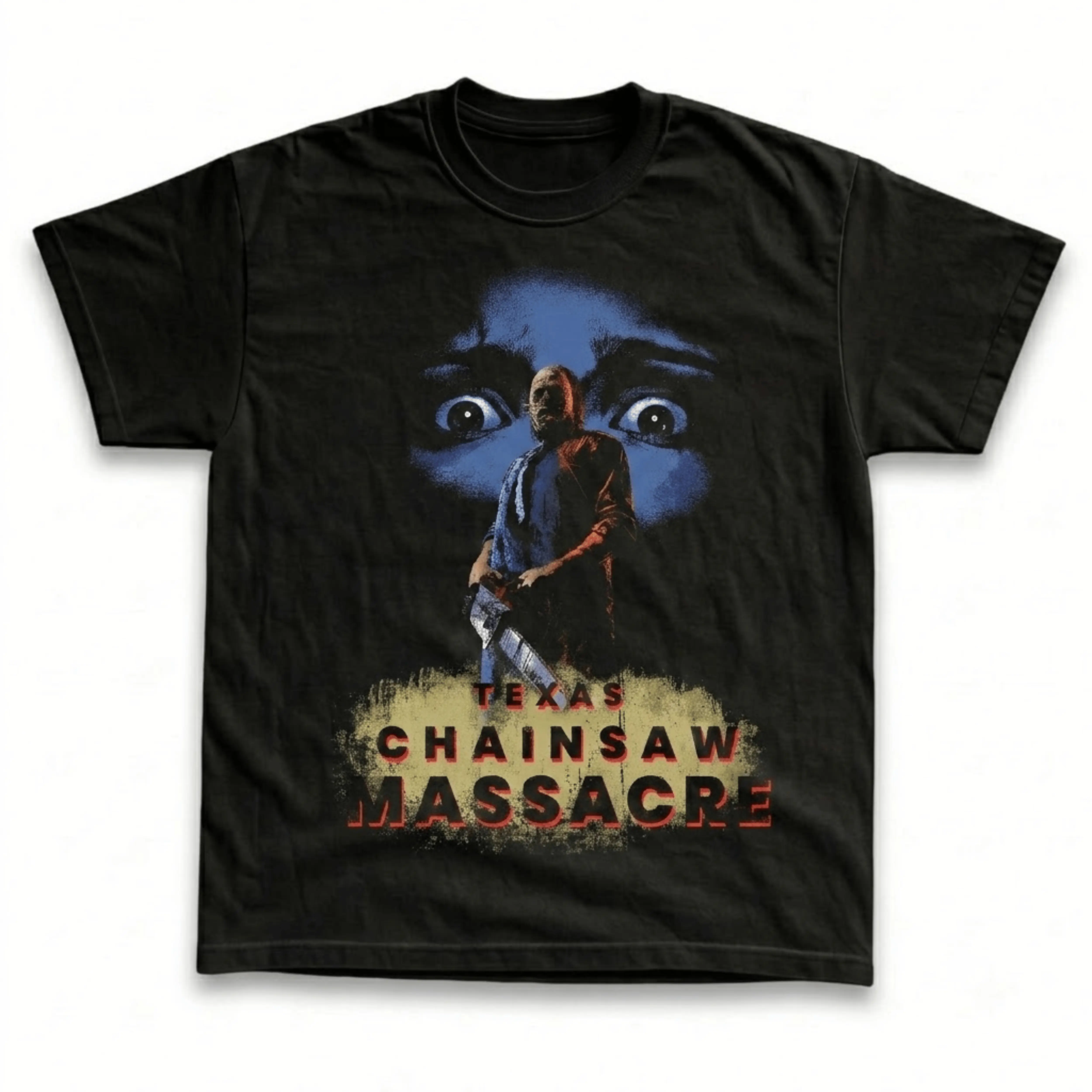 Men's and Women's T-Shirt, Vintage The Texas Chain Saw Massacre Graphic Tee, Leatherface Holding Chainsaw, 1974 Cult Horror Movie Merch, Giant Terrified Blue Eyes Shadow, Spooky Halloween Outfit, Retro Grunge Streetwear, Fan Gift