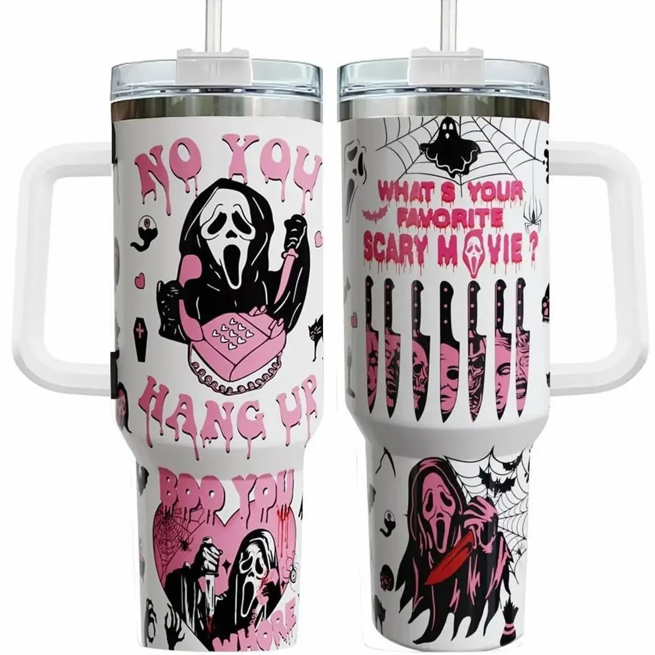 No You Hang Up Tumbler, Horror Movie 40oz Tumbler, Halloween Insulated Cup, Cute Pink Ghostface 40oz Tumbler, Halloween Gift