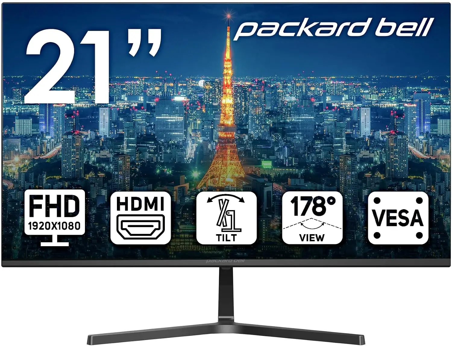 Packard Bell airFrame 21" FHD Monitor, 1920x1080 Ultrawide Display, VESA Mount Compatible, Tilt Adjustment, HDMI/VGA Ports, Slim Bezel, for Home & Office Use, Light Gaming Monitor, Monitors
