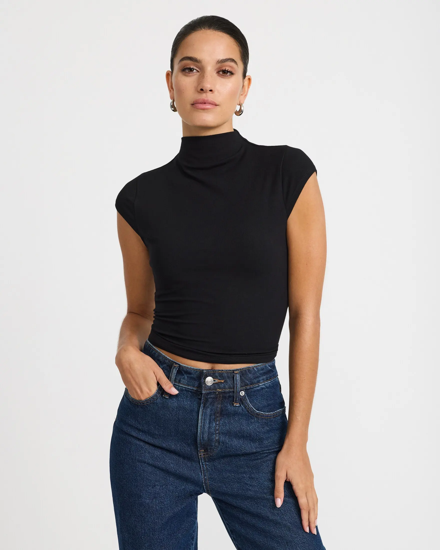 Express Ribbed Mock Neck Cap Sleeve Tee