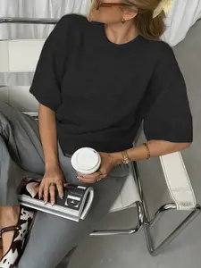 Women's Knitted Top Short Sleeve Round Neck Plain Simple Knit T-Shirt Elegant Basic Sweater Spring Summer Apparel