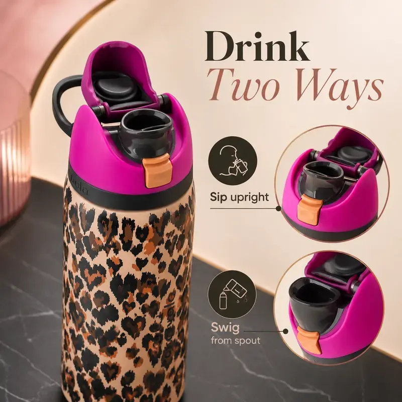 Owala Leopard Print Water Bottle, 32oz Insulated Stainless Steel Bottle with Built-In Straw, Leakproof Lid, Double-Wall Vacuum Insulation, BPA-Free Reusable Bottle for Gym, School, Work, Travel & Outdoor Use
