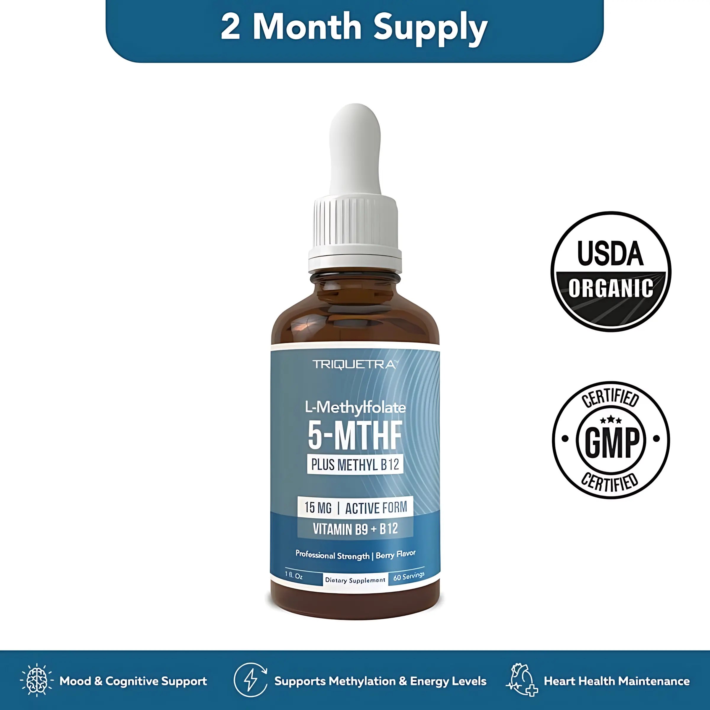 Triquetra Health L- Methylfolate 15mg + B12 Pro Strength, Liquid 5-MTHF Form, Supports Mood, Methylation, & Cognition Supplement Energy Levels Vitamin Methylcobalamin