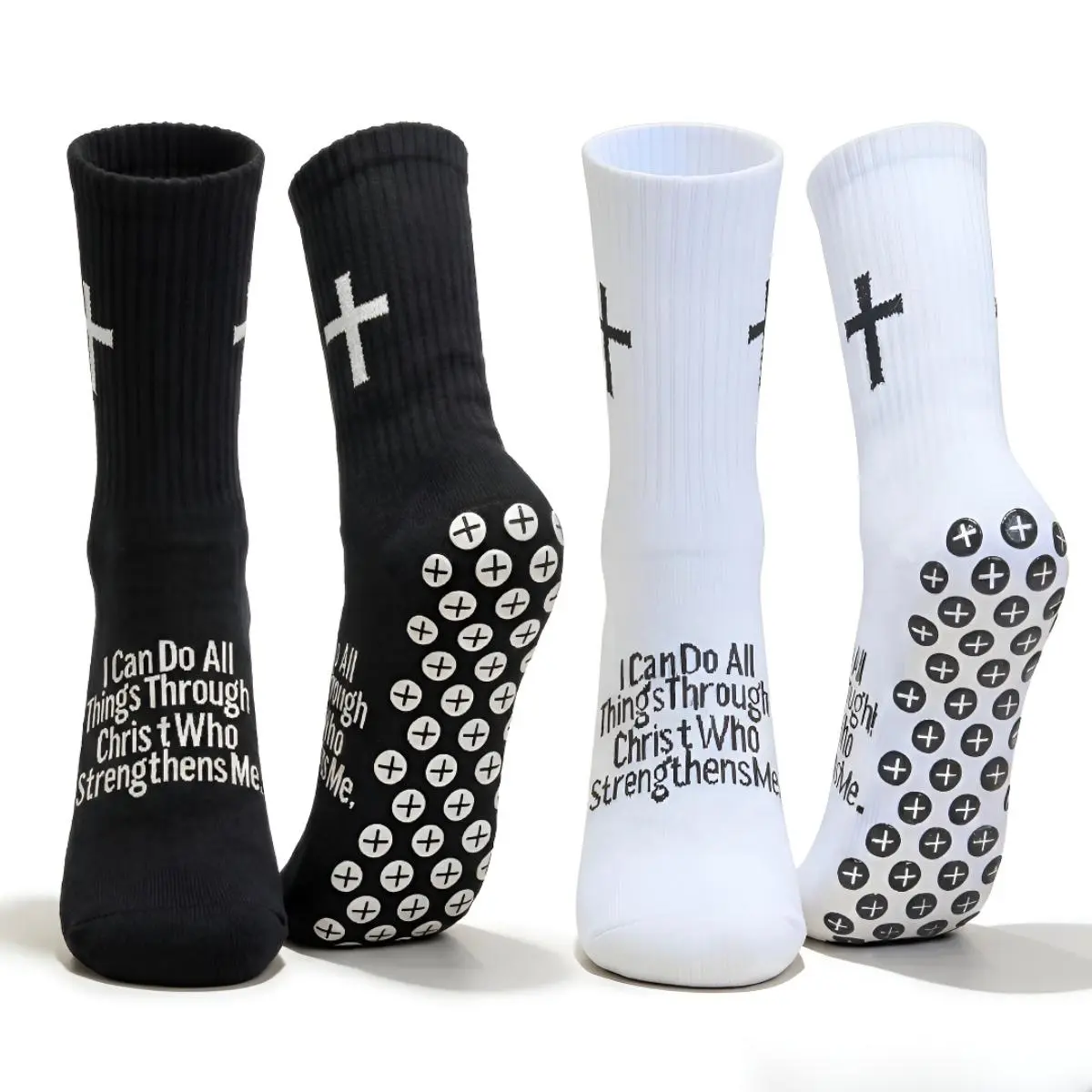 2 Pairs Christian Grip Soccer Socks with Bible Verse & Cross, Non-Slip Cotton Athletic Socks for Football Yoga Fitness, Men Women Youth US Size 6-13, Sports Socks, Football Sports Socks
