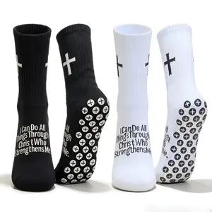 2 Pairs Christian Grip Soccer Socks with Bible Verse & Cross, Non-Slip Cotton Athletic Socks for Football Yoga Fitness, Men Women Youth US Size 6-13
