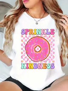 100% Cotton Donut Sprinkle Kindness Funny Girls Women Doughnut Lover T-Shirt Print Round Neck Short Sleeve T-Shirt For Women Casual, Summer, Women Top Graphic Tees Women Tops
