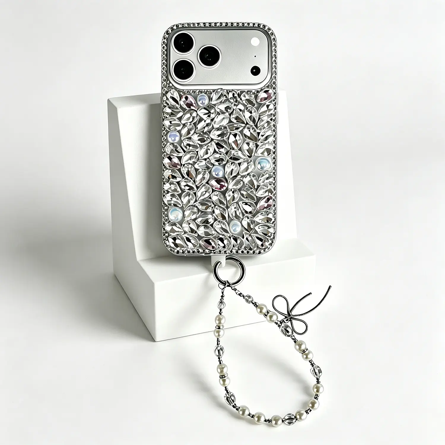 Women's Handmade Bling Pink Clear Crystal Phone Case for iPhone 17 Pro Max - Full Diamond Cover, Bow Beaded Strap, Ultra Sparkly Elegant Protective Case
