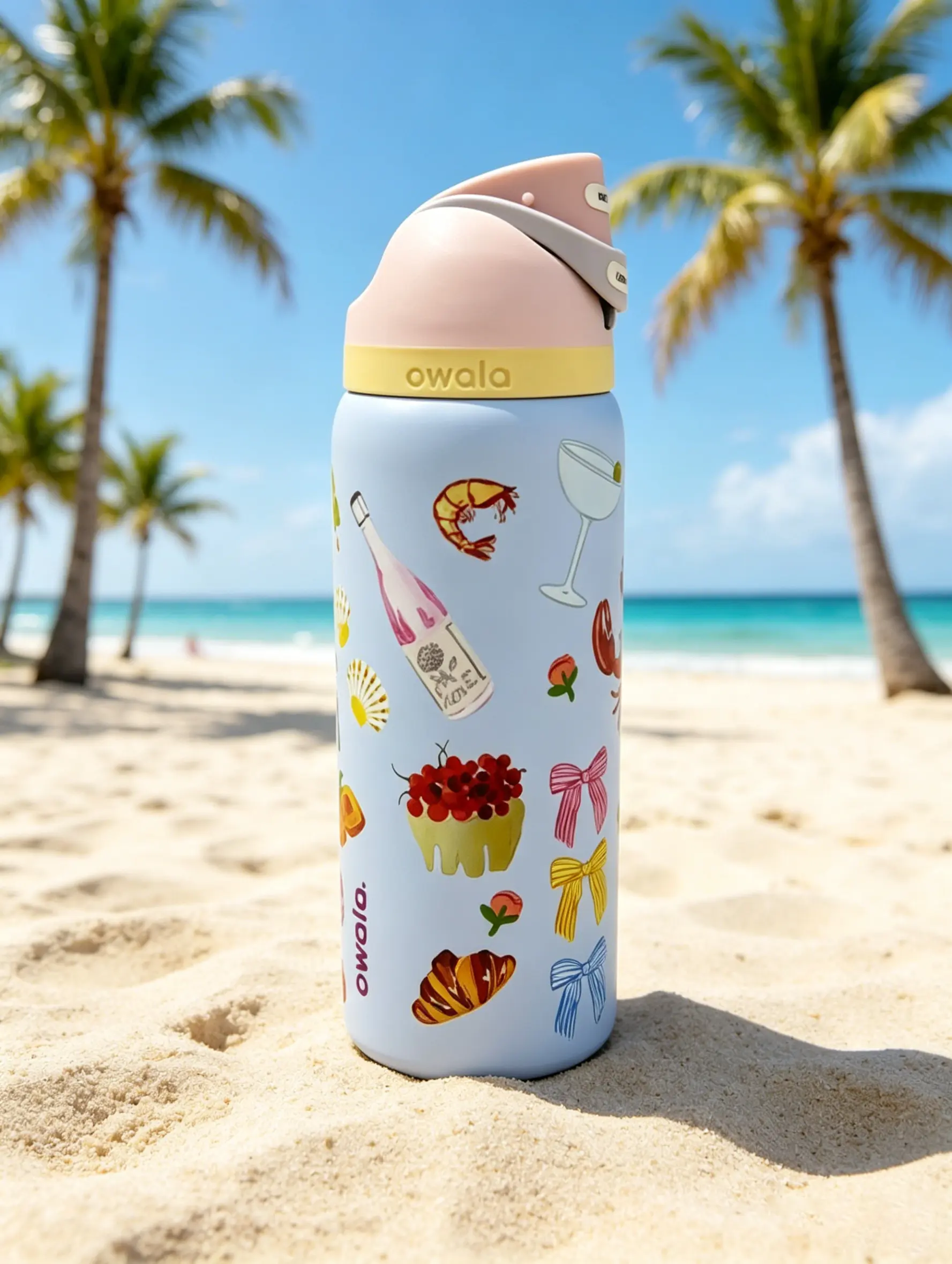 Owala  32oz Pastel Blue French Coastal Food & Coquette Bow Print Insulated Water Bottle, Owala Style Push Button Flip Lock Straw Stainless Steel Cup, Leakproof Spill Proof BPA Free Travel Tumbler, Summer Beach Vacation Pool Outdoor Gift for Women