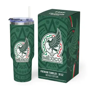 [No Box] Mexico Soccer Tumbler 40oz, Green Aztec Travel Mug with Handle & Straw, 2026 World Cup Fan Cup, Football Gift