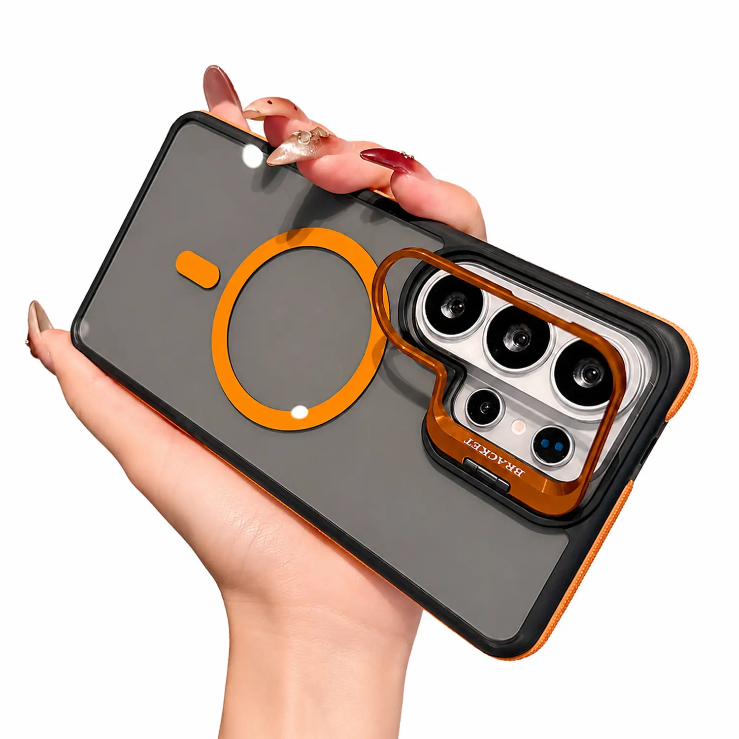 Transparent PC TPU Hybrid Case for Samsung Galaxy S26 Ultra S25 S24 S23 S22 Plus, Anti-Slip Side Grips Built-In Camera Ring Kickstand, Raised Lens Frame Support Wireless Magnetic Charging