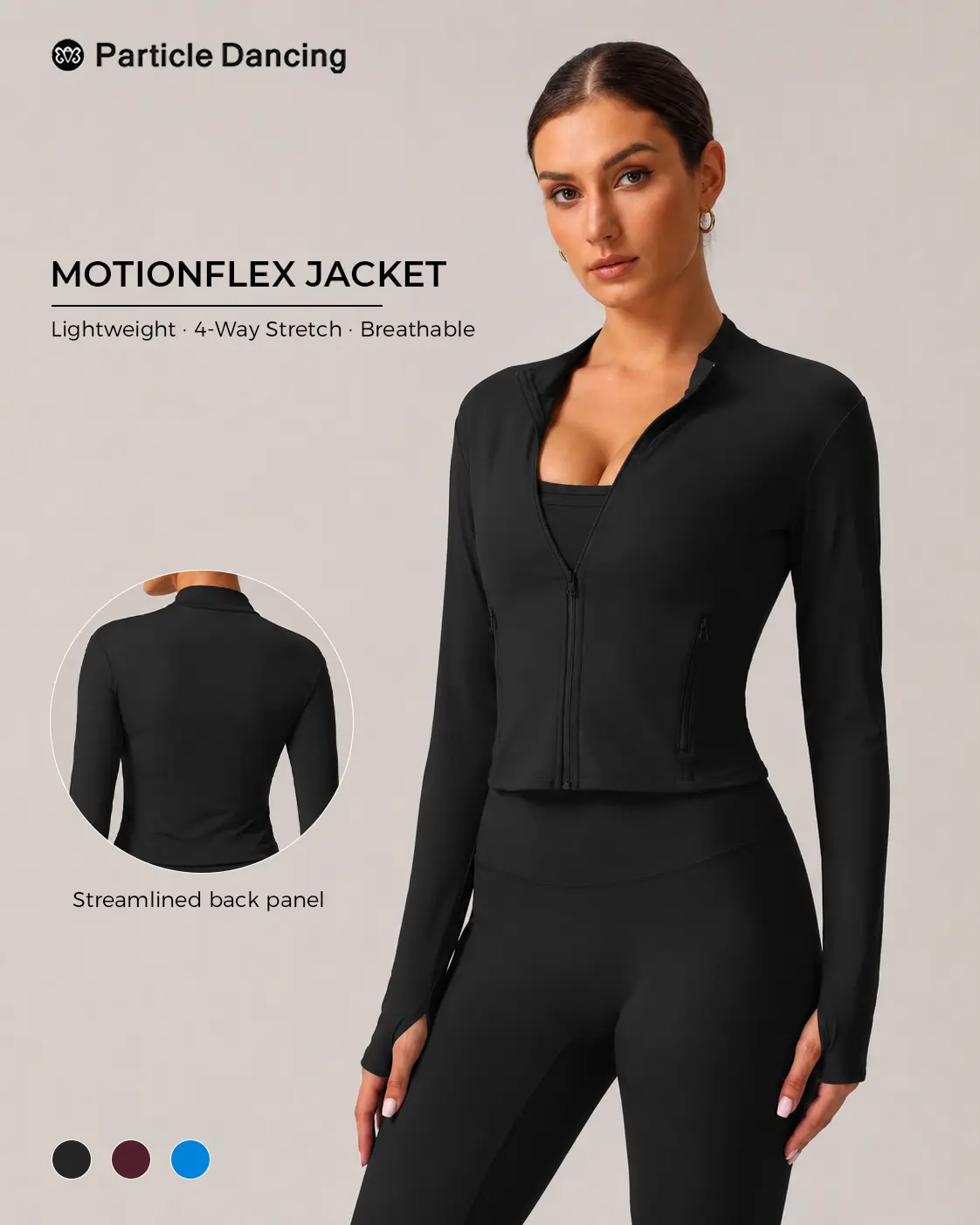 Women’s Cropped Zip Up Workout Jacket, Slim Fit Long Sleeve Athletic Jacket with Thumb Holes & Secure Pockets, Soft Stretch Yoga Running Jacket for Pilates, Gym & Athleisure