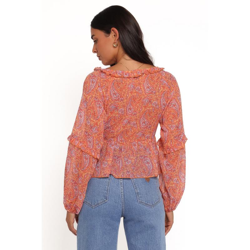 Isolt Tie Front Top - Orange Paisley