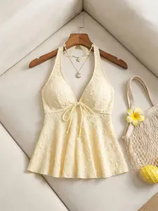 Elegant Chic V-Neck Halter Top, Adjustable Waist Ruffle Design, Versatile Vacation Style, Perfect for Youthful Looks, All-Season Wearable Womenswear