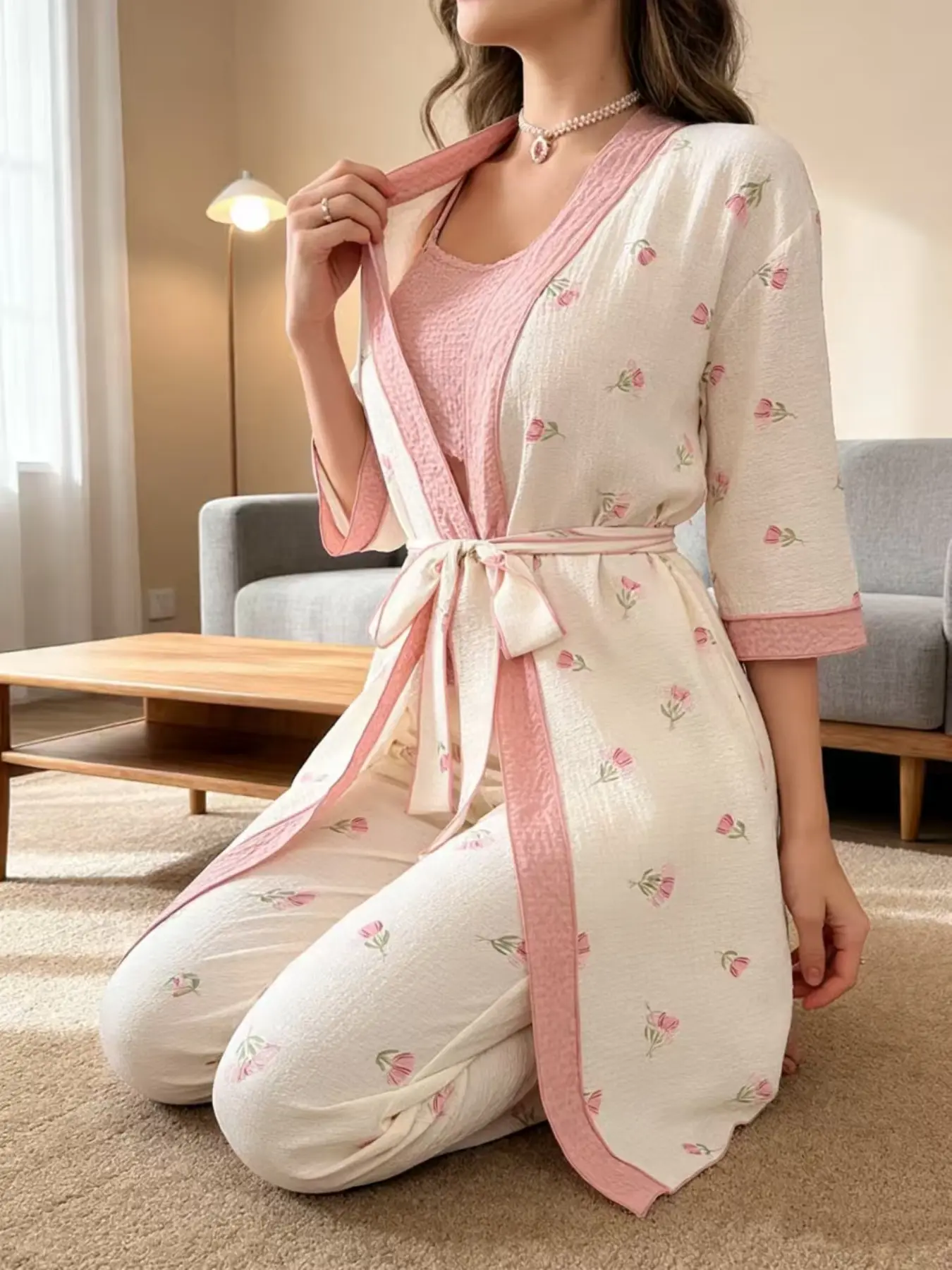 Women's Sexy V Neck Trim Floral Sleepwear Set Casual Loungewear Outfit Pajama Loungewear, 3 Piece Comfortable Homeewear, Pj Set, Breathable Soft Fabric, Long Sleeve Tank Top, Spring & Fall, Fall Pajama Sets
