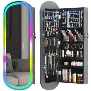 RGB Lighted Mirror  Armoire Organizer,LED  Cabinet Wall/Door Mounted, Over the Door Full-Length Lockable Rounded Wide Mirror with Storage Interior Mirror Black  for Her Chrismas