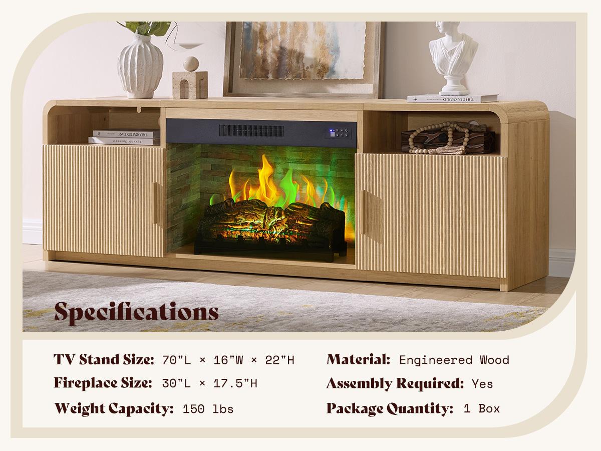 AMERLIFE 70" Fluted Fireplace TV Stand for TVs Up to 80", Modern TV Console with 30" Electric Fireplace & Storage Cabinets, Media Entertainment Center for Living Room