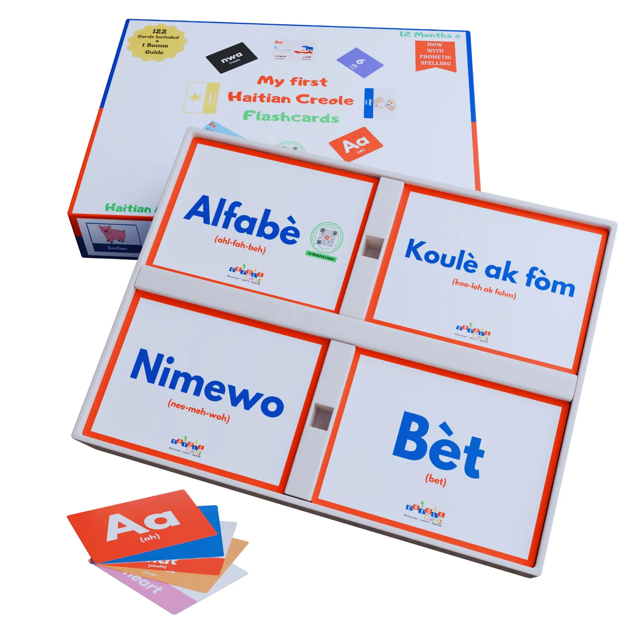 Creole Cards - My First Haitian Flashcards - 123 Cards, 1 Bonus Guide, Learn Colors, Letters, Numbers, Counting, Shapes, Animals, Double Sided, Thick & Durable, Large Cards, for Ages 12 Months and Up.