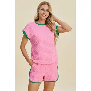 Double Take Full Size Texture Contrast T-Shirt and Shorts Set