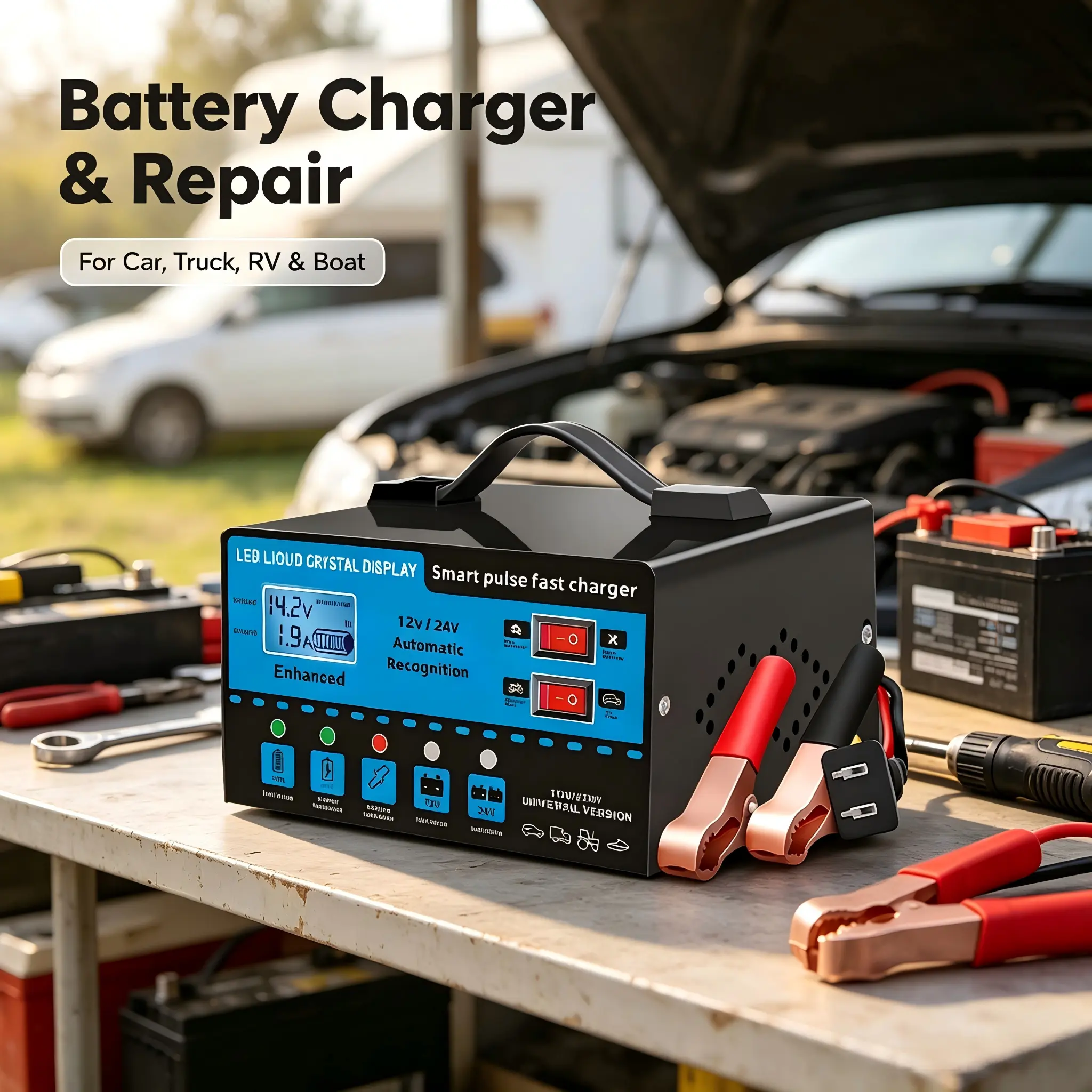 Smart Car Battery Charger, 12V and 24V, Battery Maintainer, Trickle Charger and Desulfator for Motorcycle Car Truck Lawnmower Boat Car Battery Charger, Automatically Stops when Fully Charged - Car Accessories!  Father's Day gift