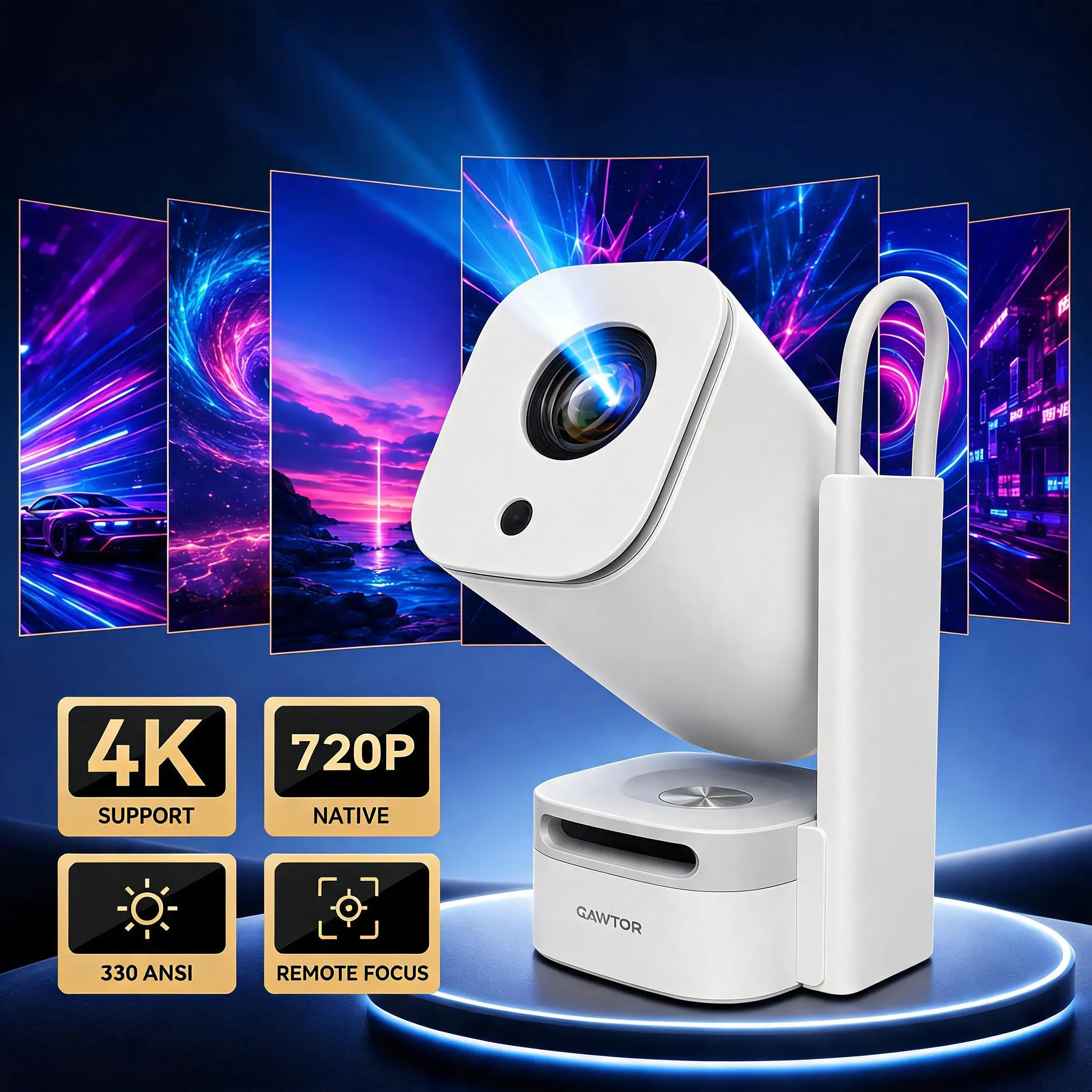 QAWTOR Portable Smart Projector with Auto Focus, 4K Decoding, 330ANSI,WiFi 6 & Bluetooth 5.0, Dual Screen Mirroring, Built-In Speaker, Compact Travel Mini Projector