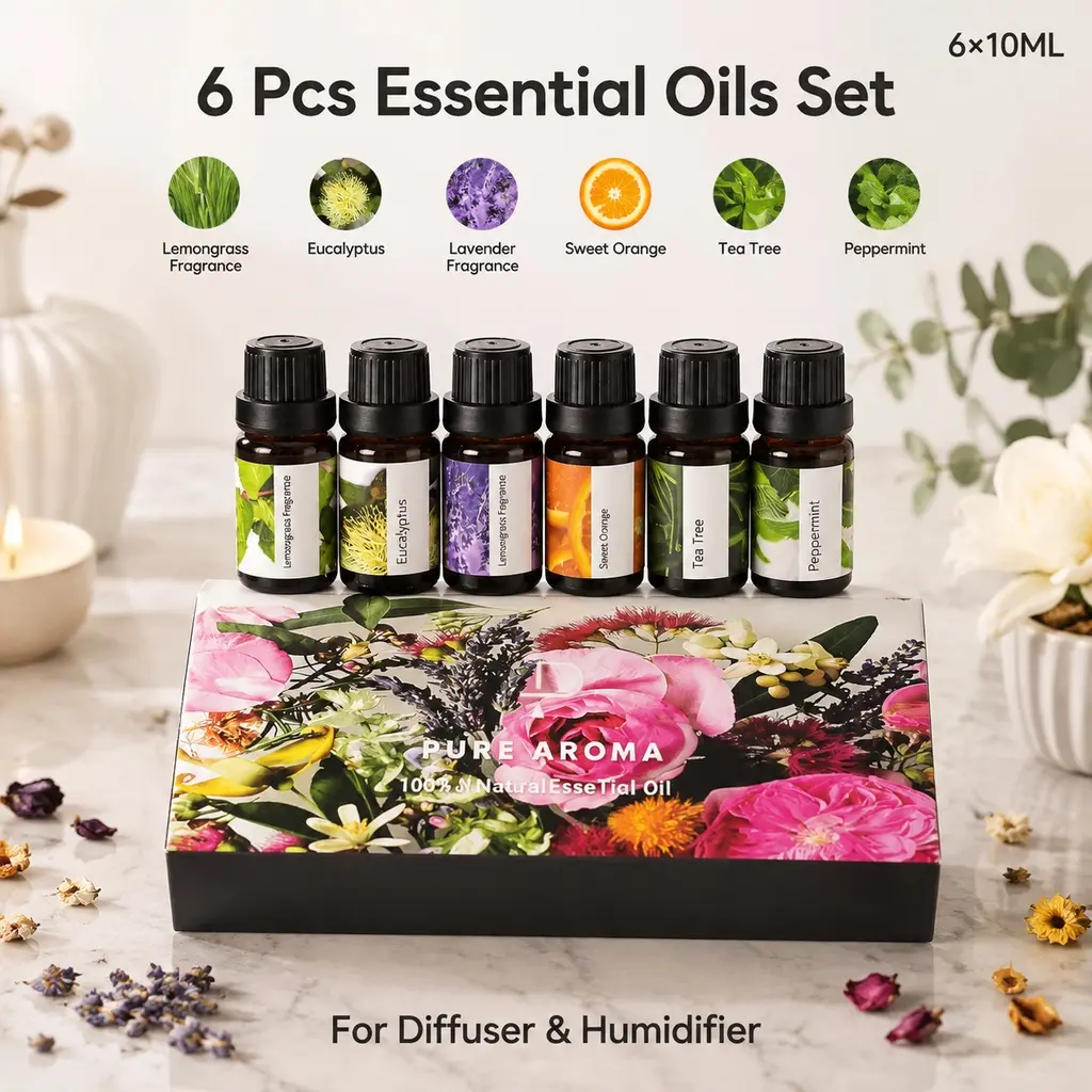 6-piece essential oil set, 10 ml each: lavender, tea tree, eucalyptus, sweet orange, peppermint, and citronella; includes diffuser and humidifier; for home and car use; stress-relief gift