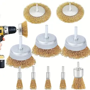 10pcs Steel Wire Brush Wheel Cup Brush Set, Coarse Pressed 1/4 Inch Handle, Ideal for Drill Bit Attachments, Durable and Efficient