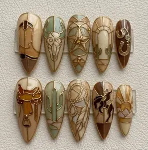 Western Stained Glass Press On Nails, Bull Skull Cowboy Boot Art Manicure Nails
