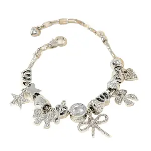 Adjustable Silver Charm Bracelet – Rhinestone Bow & Star Beads