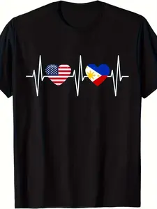 Men's & Women's USA Philippines Flag Heart T-Shirt - Dual Nationality Design, 220gsm Pure Cotton Retro Casual Tee, S-3XL Sizes for Filipino- Heritage Apparel (Unisex)