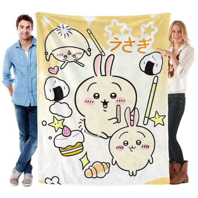 Soft Plush Flannel Bunny Throw Blanket - Kawaii Rabbit Design with Yellow Stars, Magic Wand, Cake, Rice Balls, Warm Cozy Unisex Cover for Couch, Sofa, All Ages