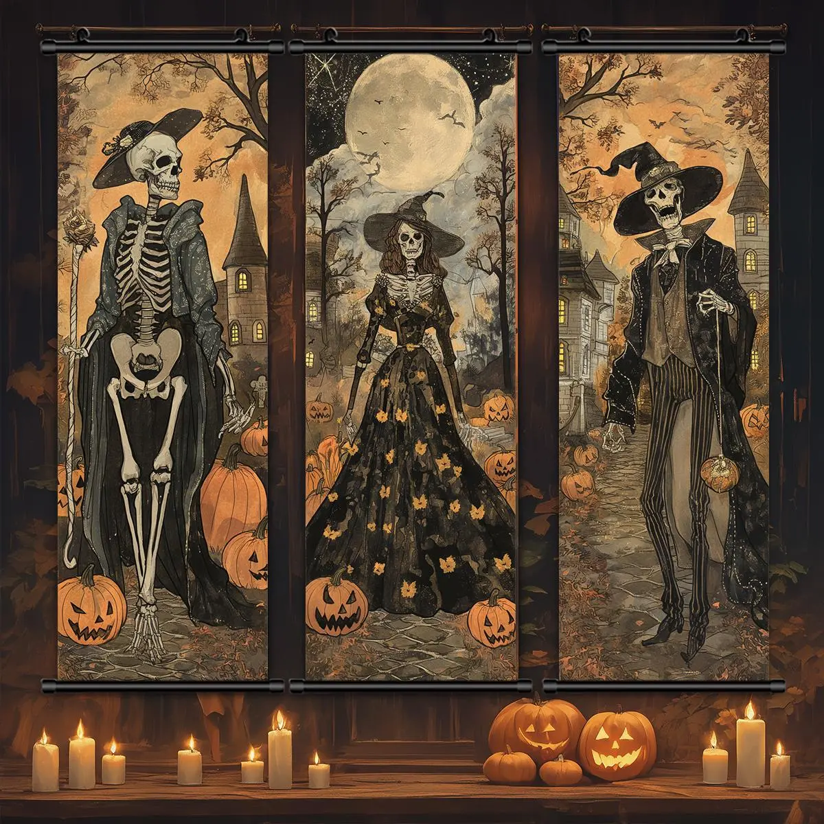 Halloween Hanging Banner, 3 Counts/set Vintage Skeleton Pattern Canvas Poster, Witch Wall Art, Halloween Decorations, Party Posters, Halloween Gift